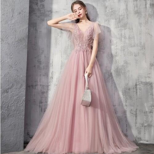 2021 V-Neck Flare Sleeve Lace Elegant A-Line Beading Evening Dress Party Dress Performance Evening Dress Girl Plus Size