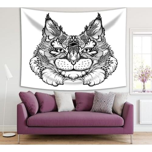 Tapestry Cat Lynx Head Wild Nature Animal World Decorative Zentangle Printed Black White