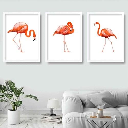 Flamingos Gallery Canvas Painting, Orange Minimalist Wall Art Picture, Graphical Illustration Sketch Scandinavian Posters,Decor