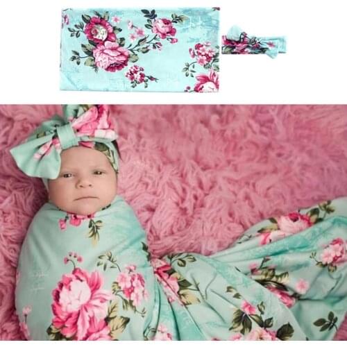 Baby Sleeping Bag Headband Set Baby Girls Boys 2pcs Floral Receiving Printed Blankets + Headband Newborn Photographic Props