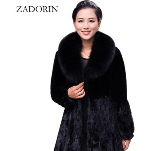 New Winter Women Faux Rabbit Fur Coat With Fox fur Collar Luxurious Long Fur Jacket Black Overcoat Mex Manteau Fourrure Femme