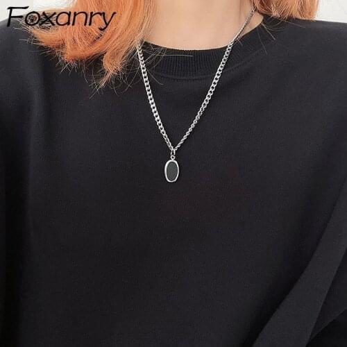 FOXANRY 925 Sterling Silver Sweater Necklace Fashion Vintage Couple Simple Black Round Shape Geometric Thai Silver Party Jewelry