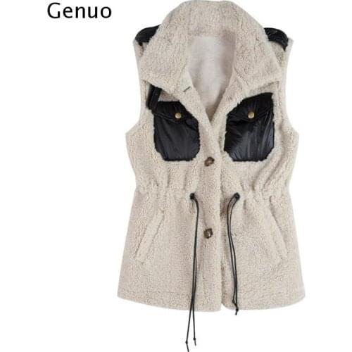 Fluffy Wool Waistcoat Women Fashion Color Blocking Pocket Tunic Lace-up Lamb Wool Vest Women Casual Warm Winter Coat