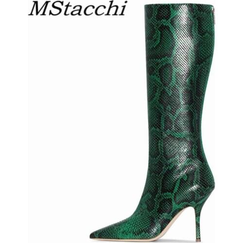 MStacchi Fashion Knee-length Boots Serpentine Thin Heel Mixed Colors Pointed Toe Back Zipper Ladies Shoes High Heel Winter Boots