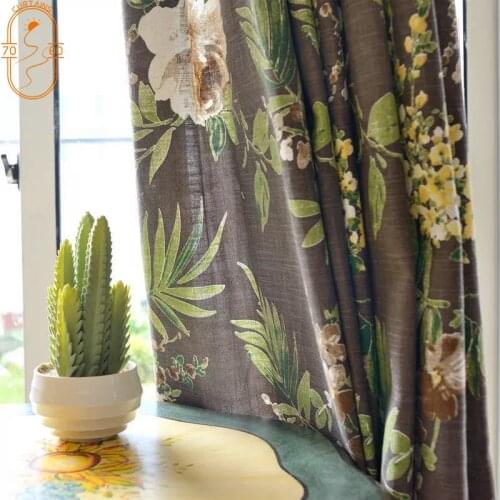 Mosaic American Country Dark Coffee Color Cotton and Linen Semi Blackout Curtains for Living Dining Room Bedroom