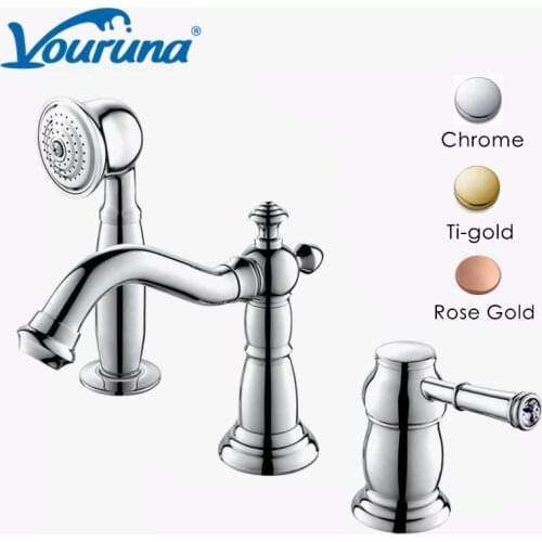 VOURUNA New 3 Holes Bathroom Basin Mixer Tap Luxurious Rose Golden Bathtub Faucet with pullout side sprayer
