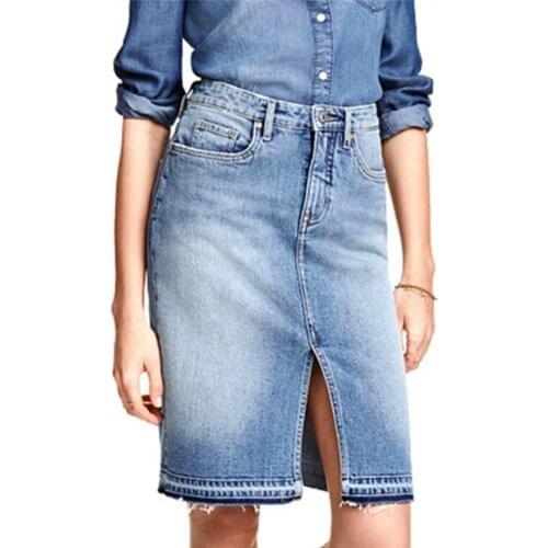 LOGAMI High Waist Midi Pencil Denim Skirt Ladies Knee Length Wrap Skirts Womens Jean Split Skirt
