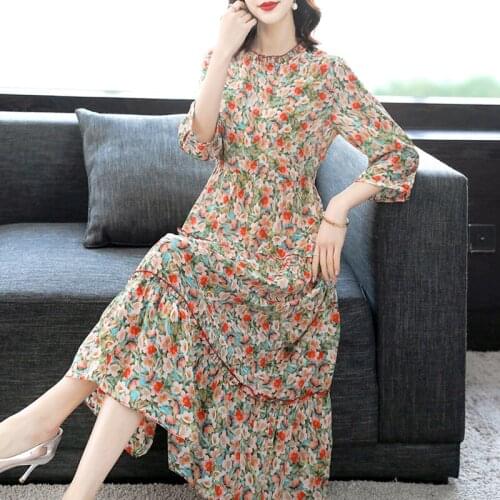 High Quality Spring Summer Dress 100% Silk Dress Female Vintage Floral Dresses for Women Casual 2021 Vestido De Mujer Pph3742