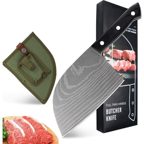 XYj Chinese Kitchen Butcher Knives Handmade Laser Damascus Pattern Camping Serbian Chef Knife Gift Covers Sheath Exquisite Box