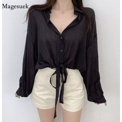 Summer 2021 Solid New Shirt for Women Polo Neck Bandage Bow Black Long Sleeve Shirt Simple Casual Office Lady Tops Blusa 15623