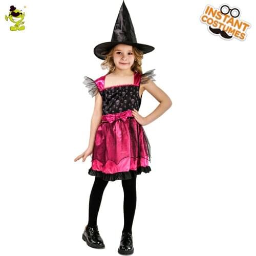 Girl Witch Cosplay Costume Child Halloween Costume Pink Party Dress Child Cute Witch Party Hat Luxury Dress