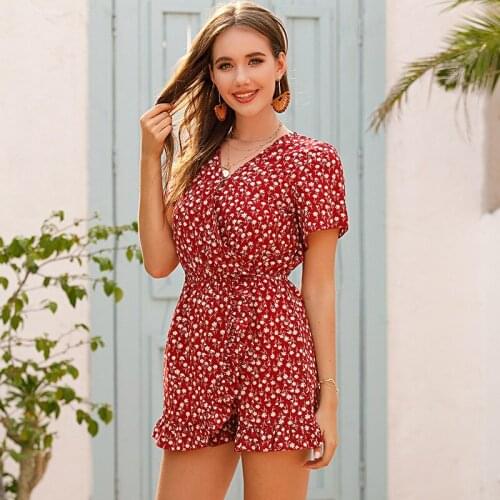 2021 Summer Chiffon Floral V-neck Ruffle Jumpsuit Shorts Women Elegant Woman Jumpsuits Romper Womens Fashion Clothes Bodycon