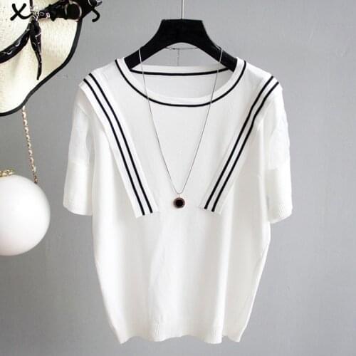 2019 Korean Style striped Knit Women Sweater Tops Femme summer Women short Sleeve Pullover Women Basic Sweaters Women Tops