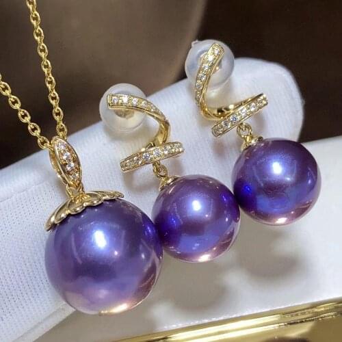D308 Fine Jewelry 18K Gold 9-13mm Natural Fresh Water Purple Pearl Females Jewelry Sets for Women FIne Jewelry Sets