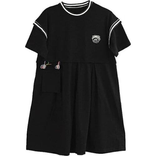 Black Women Cartoon Embroidery Dress 2020 Summer Short Sleeve Stripd Patchwork Straiht Dresses Knee Lenght Dress Sundress Robe