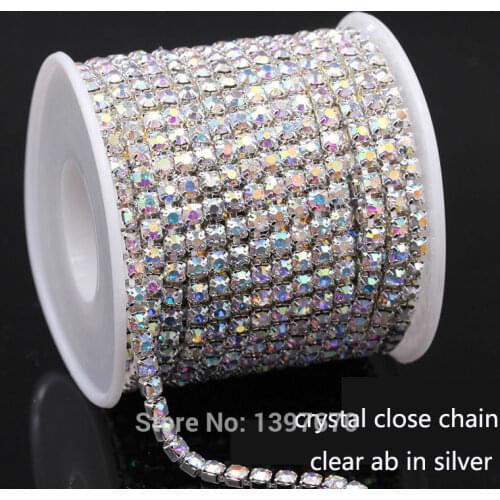 10Yrads/lot ss6-ss18 dense Crystal ab in silver base close rhinestone chain Cup chain for clothing ornament accessories