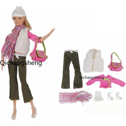 11.5" Fashion Winter Doll Outfits For Barbie Clothes White Jacket Coat Rosy Crop Top Pants Hat Scarf Bag 1/6 BJD Accessories Toy