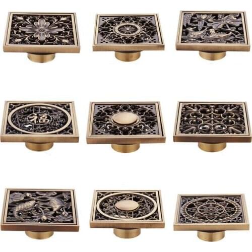 HOT SELL!!! European Antique Copper Deodorant Floor Drain High-Quality, Bathroom Shower Drains Strain Covers 15 Styles Choose