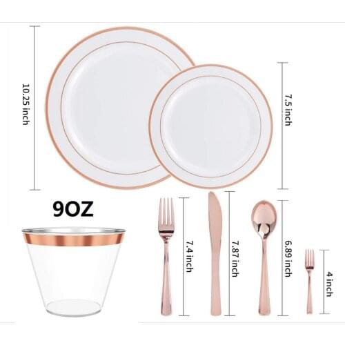 70pcs/set Gold Wedding Party Tableware Rose Gold Cups Plastic Plates Fork Knives Spoons Disposable Dinner Plate Fork Party Tool