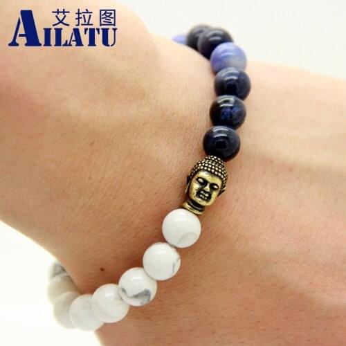 Ailatu Fashion and Religious Mens Bracelet Natural White Howlite, Blue Veins Stone and Yoga Buddha Drop Shipping