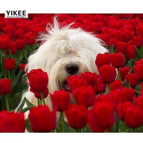 YIKEE Diamond Painting Animals Flowers Rose Dogs Full Square/Round Drill Diamond Embroidery Picture Of Rhinestones Beadwork c197