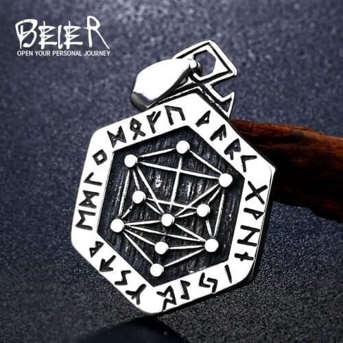 Beier 316L Stainless Steel Norse Viking Vegvisir Compass Pendant necklace Valknut Odins Symbal Of Norse Runic Six stars LP312