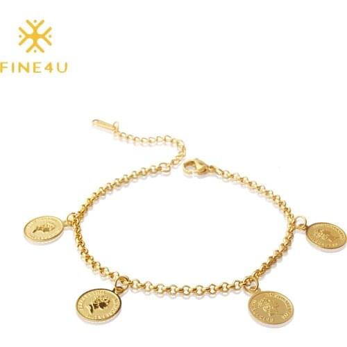FINE4U B171 New Elizabeth II Coins Charms Bracelet Gold Color Stainless Steel Chain Bracelets Fashion Womens Jewelry