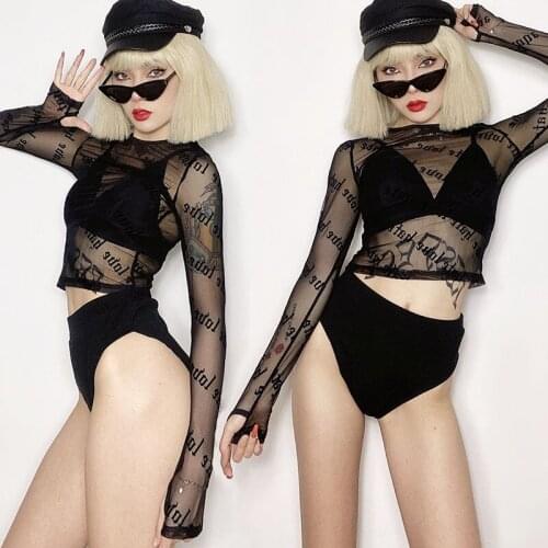 Jazz Dance Costumes For Women Adult Black Mesh Tops Bikini Suit Female Singer Pole Dance Clothes Festival Rave Outfits DQL5782