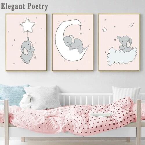 Pink Elephant Star Canvas Children Poster Print Baby Girl Nursery Wall Art Picture Painting Nordic Kids Bedroom Decoration