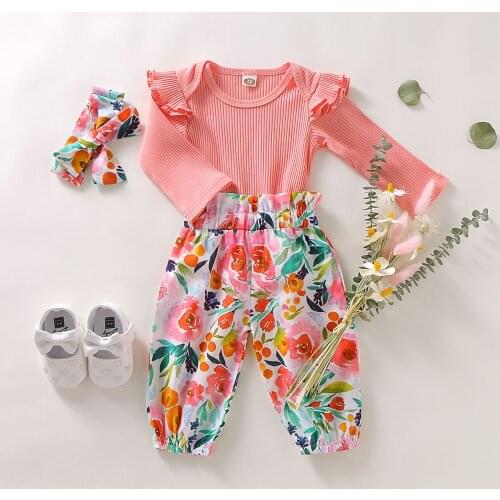 0-18M Baby Girls Clothes Set Soft Infant Kids Fly Sleeve Romper Floral Pants Headband 3Pcs Spring Autumn Clothing
