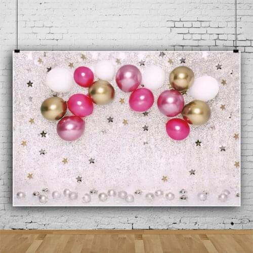 Laeacco Gold Star Balloon Birthday Scene Decor Pink Backdrop For Photography Personalized Poster Baby Portrait Photo Background