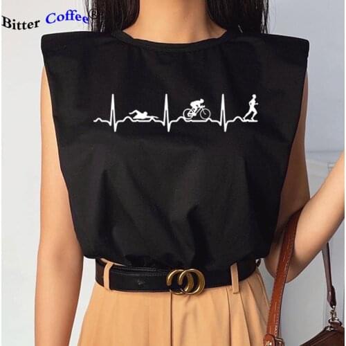 Summer NEW Fashion Women Shirt Triathlon Heartbeat Love T Shirt Sexy Sleeveless Cotton Tops Tee Triathlon T-Shirts Drop Shipping