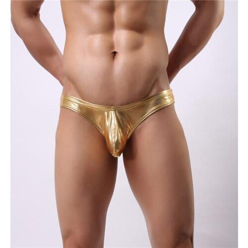 AIIOU Mens Lingerie Sexy Wet Look Faux Leather Gay Underwear Big Pouch Briefs Erotic Male Panties Elastic Low Waist Bikini