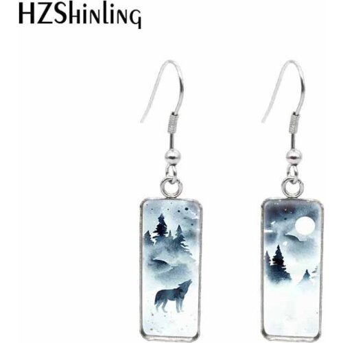 2021 New Howling Moon Wolf Rectangular Earring Square Fish Hook Earring Picture Glass Dome Jewelry