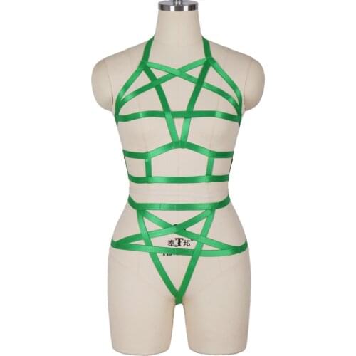 Sexy Women Erotic Lingerie Goth Garter Hollow Out Harness Bra Full Body Harness Body Garter Belt Festival Rave Wear Stocking Set