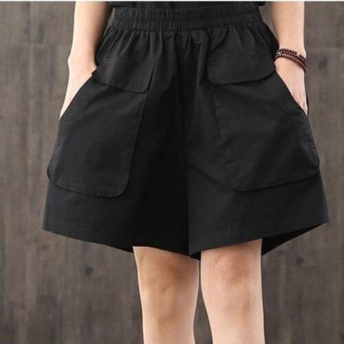 Multi-pocket Korean High Waist Summer Women Shorts Elastic Waist Female Overalls Short Retro Solid Loose Wide Leg Pant All-match