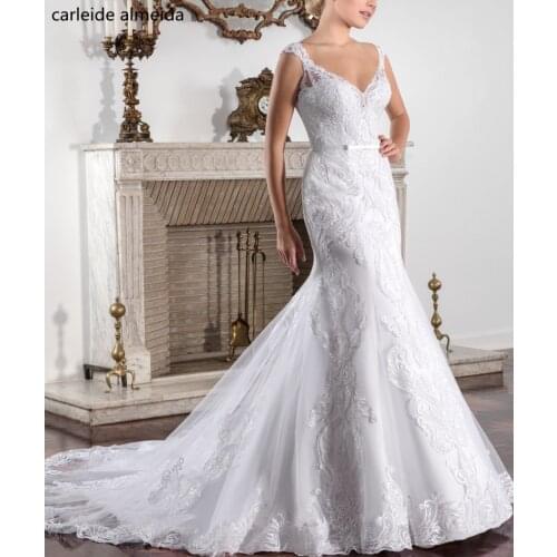 Vestido de noiva V-Neck Mermaid Wedding Dresses 2021 Unique Lace Appliques Wedding Gowns Chapel Train Bride Dress Trouwjurk