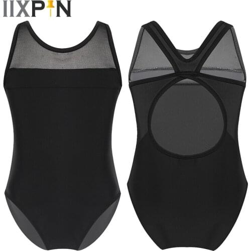 Gymnastics Leotard For Girls Ballet Dance Costume Kids Sleeveless Mesh Splice Criss Cross Cutouts Back Ballet Leotards Jumpsuit