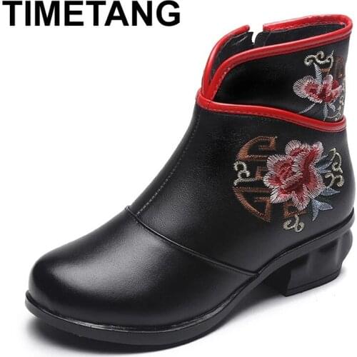 TIMETANG2021Embroider Women Ankle Boots Genuine Leather Keep Warm Winter Boots for Woman Retro Zio Round Toe Winter Shoes Ladies