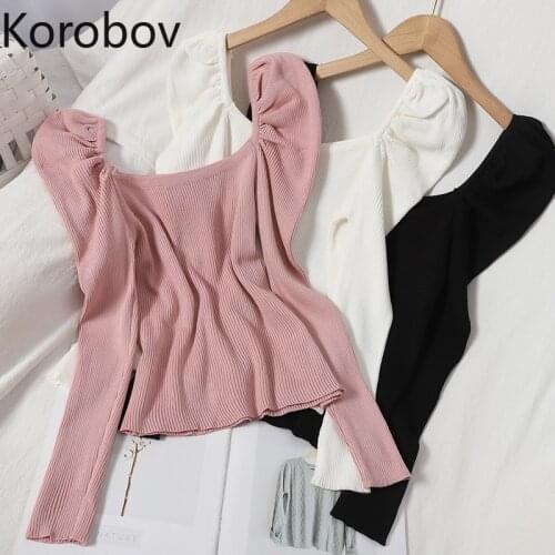 Korobov Preppy Style Sweet Women Puff Sleeve Sweaters Pullovers 2020 New Chic Sueter Mujer Korean Elegant Square Collar Jumper