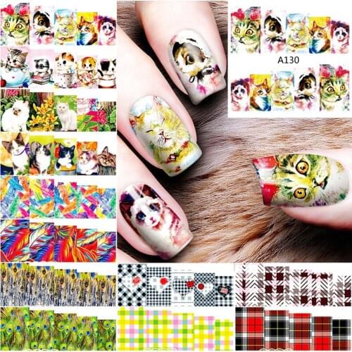 12 sheets water transfer nail art decorations sticker decals manicure nails supplies tool cat striped lattice feather A121-132