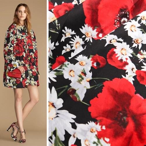 140cm Width Fashion Week Poppy Flower Chrysanthemum Black Cotton Fabric for Woman Girl Summer Dresses Skirts Shirts Pants Sewing