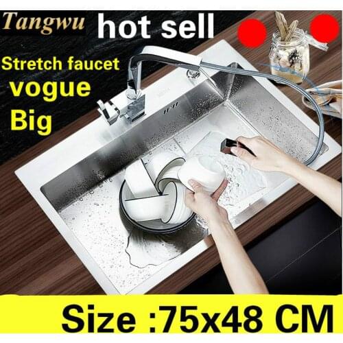 Free shipping Luxury apartment kitchen manual sink single trough food grade 304 stainless steel big hot sell 750x480 MM