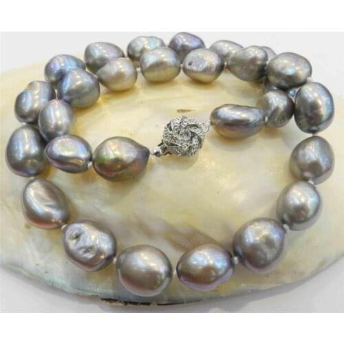LARGE 12-14MM SILVER GRAY REAL BAROQUE CULTURED PEARL NECKLACE 18KGP CRYSTAL AA