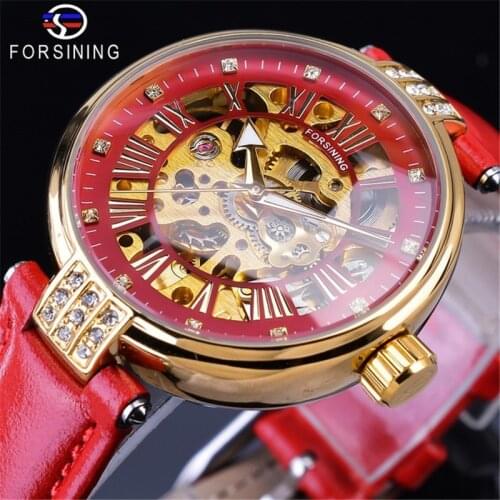 2019 Forsining Brand Golden Luxury Gift Clock Skeleton Diamond Design Red Genuine Leather Band Waterproof Lady Mechanical Watch