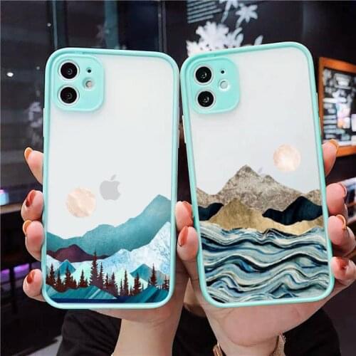 Mountain Marble Moon Phone Case For iPhone 12 11 Mini Pro XR XS Max 7 8 Plus X Matte transparent blue Back Cover