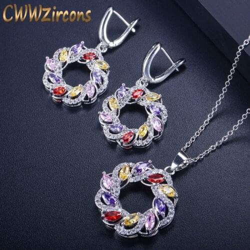 CWWZircons Top Quality Big Drop Cubic Zirconia Hoop Earrings And Necklace Fashion Famous Brand Women Colorful Jewelry Sets T292