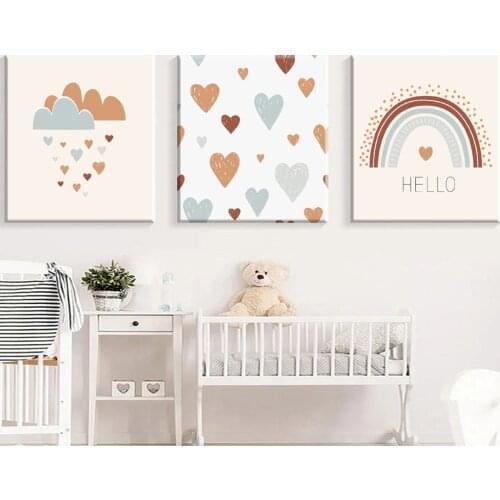 Nursery Rainbow Wall Art Colourful Canvas Painting Cartoon Sun Cloud Abstract Point Line Poster for Baby Kids Room Home Decor