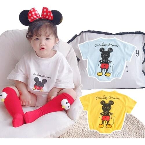 Disney fashion summer baby boys and girls baby Mickey Mouse cute cartoon short-sleeved romper cotton romper bag fart clothes