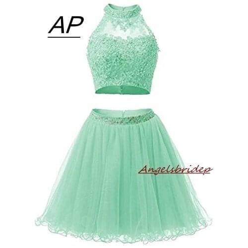 Two Pieces 1950S High Neck Homecoming Dresses Sexy Hollow Back Beading Tulle Short Cute 8th Grade Graduation Dresses Plus Size